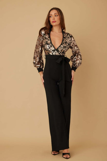 Flower Vein Sequin Print Jumpsuit