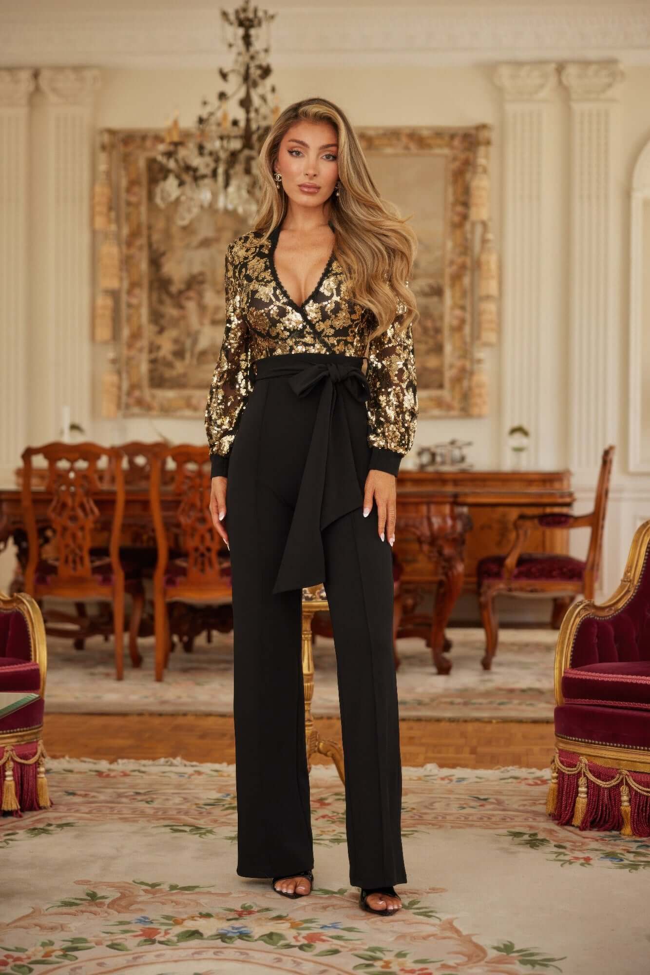 Flower Vein Sequin Print Jumpsuit