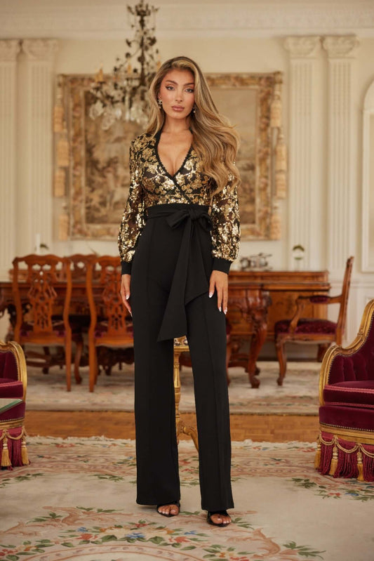 Flower Vein Sequin Print Jumpsuit