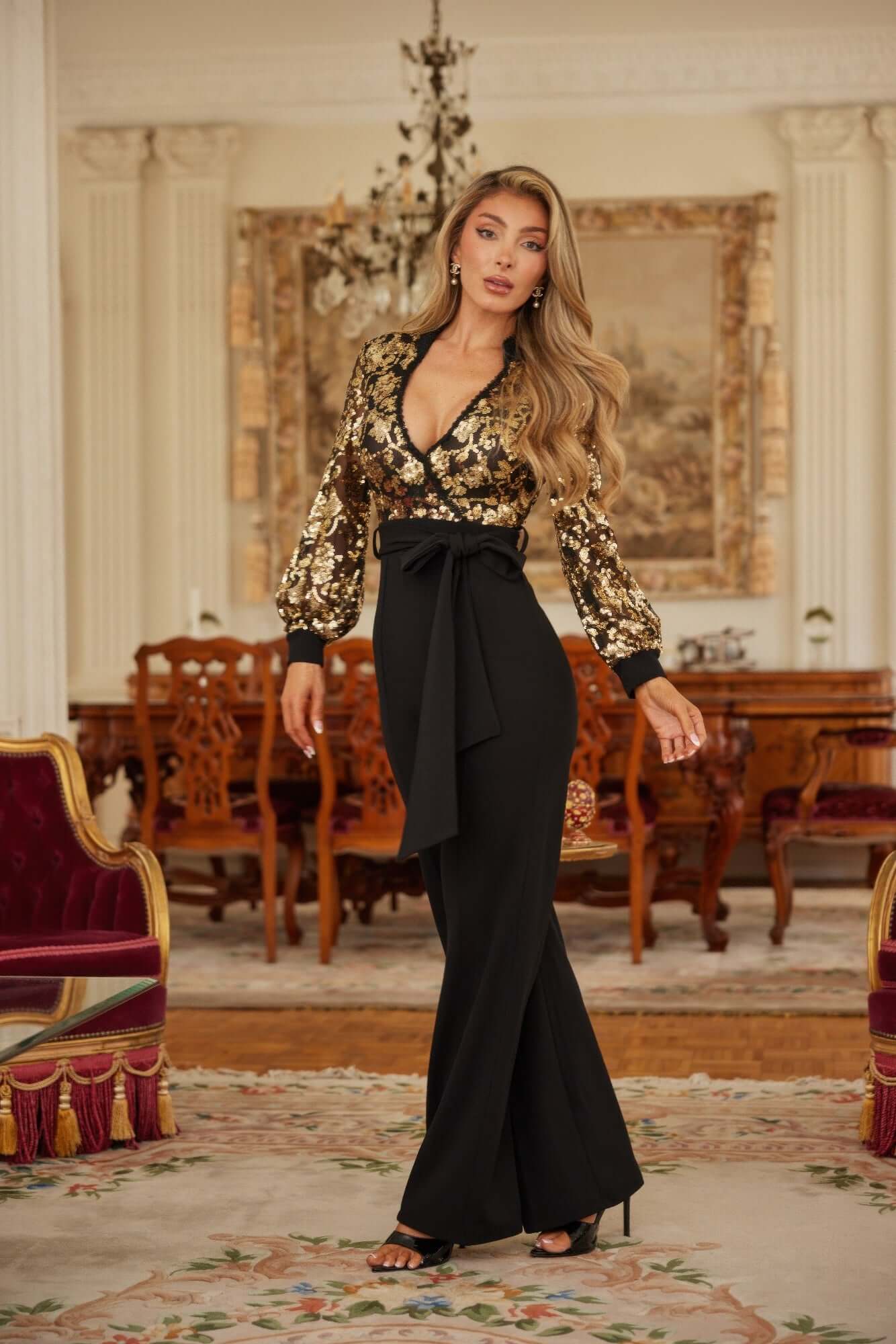 Flower Vein Sequin Print Jumpsuit