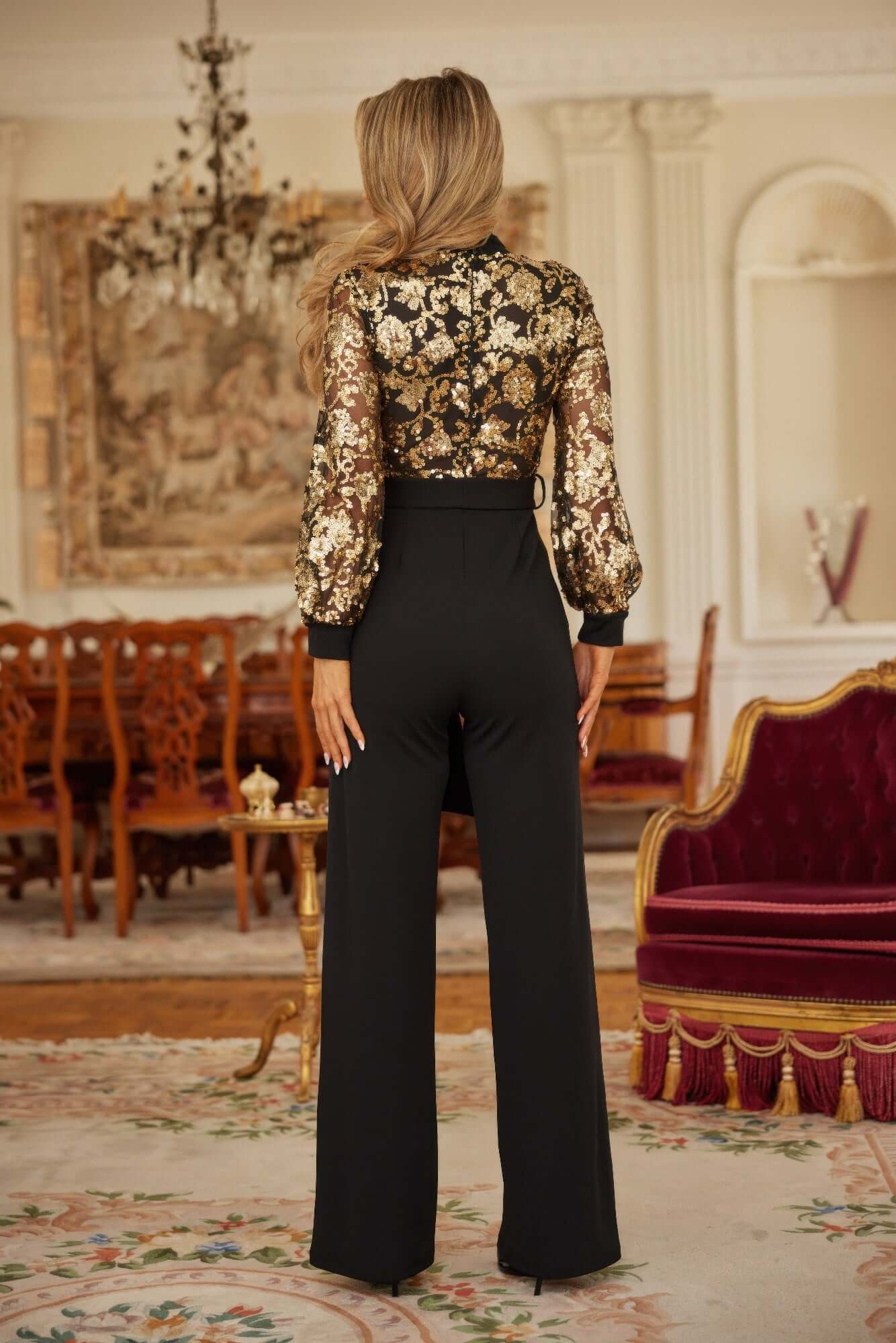 Flower Vein Sequin Print Jumpsuit