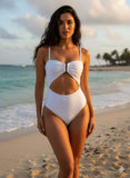 Hollow Cut Out One Piece in white, showcasing a stylish cutout design perfect for summer beachwear.