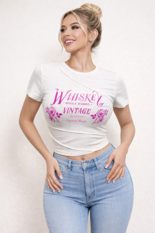 Whiskey Vintage Graphic Asymmetrical Crop Top